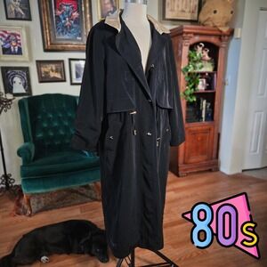 Vintage 80s Fleet Street Black Hooded Trench Coat Gold Hardware Long Rain Jacket